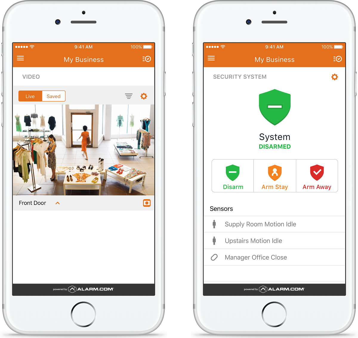 Alarm.com business security app showing alarm status, arm and disarm options, and sensor activity