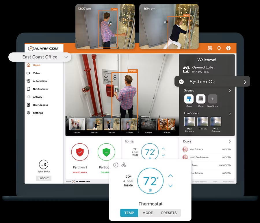 Alarm.com commercial dashboard showing thermostat, business security, video and automation controls