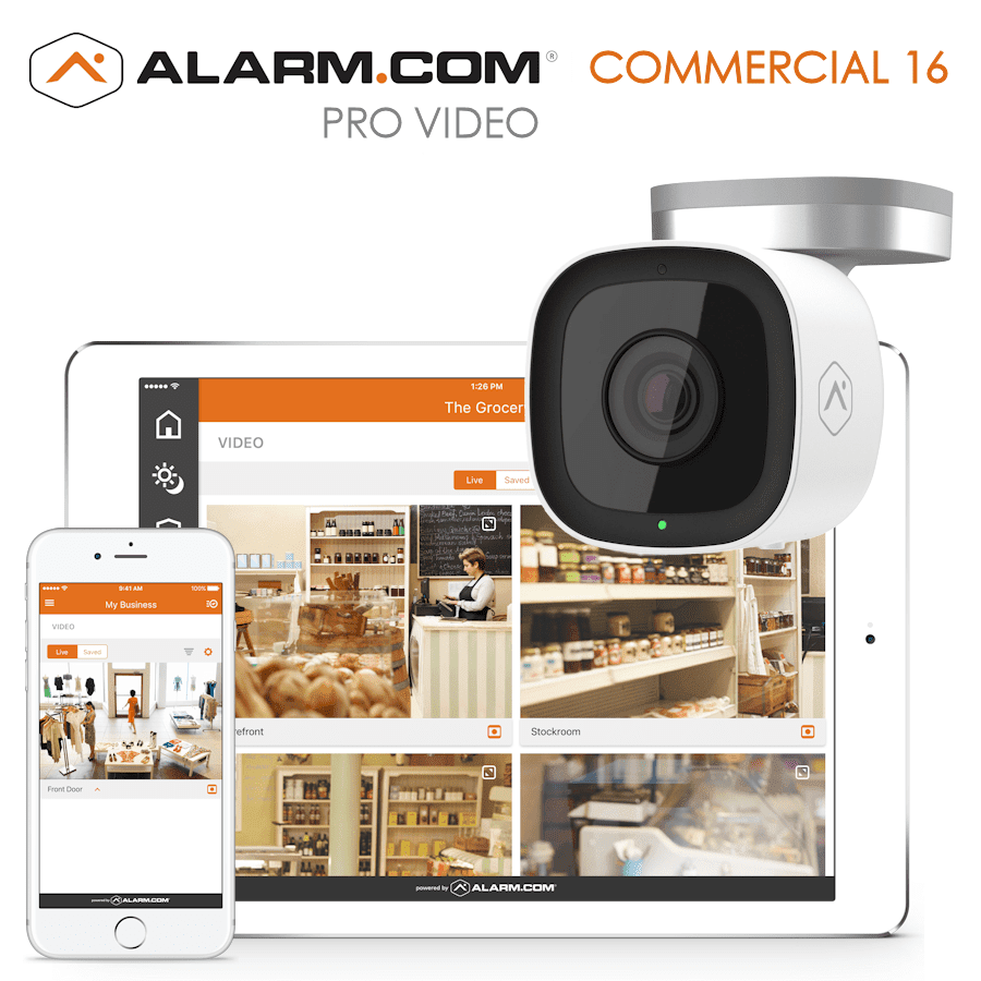 Alarm.com Commercial Pro Video surveillance cameras and business video viewing on phone and tablet