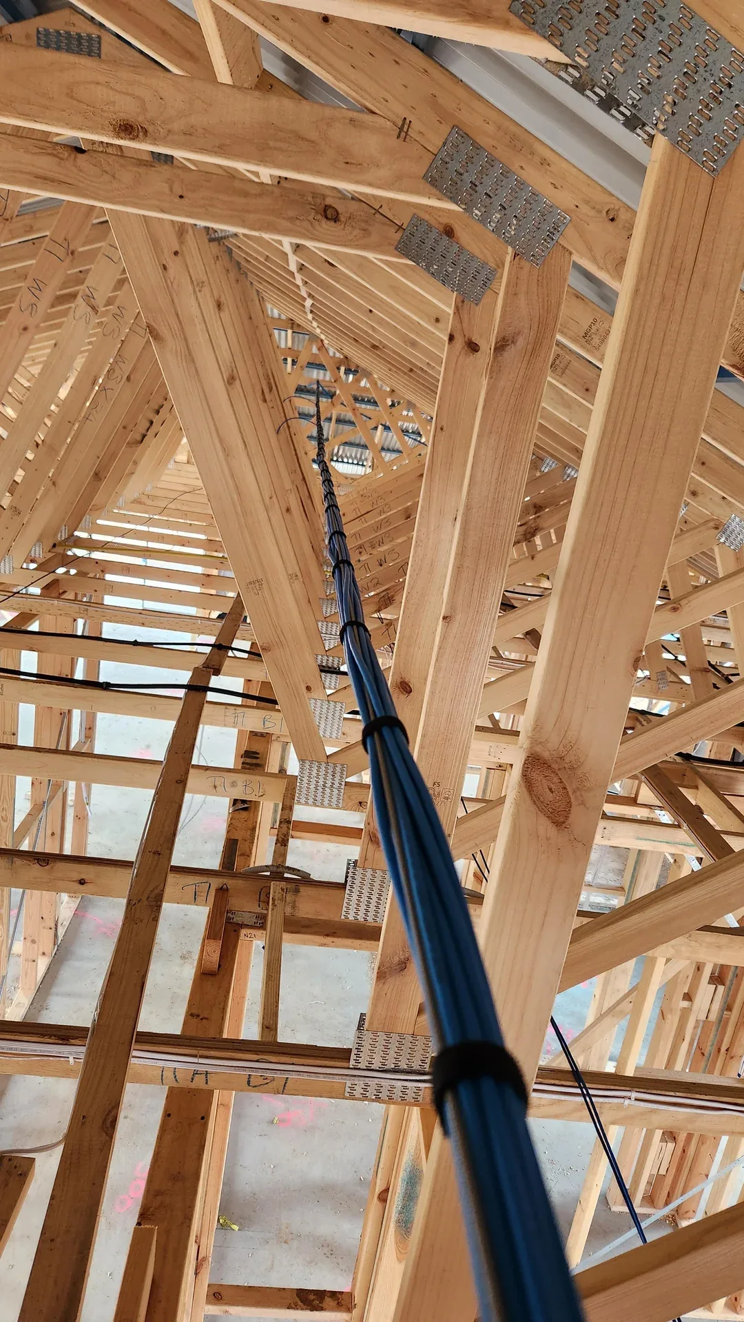 Blue low-voltage cables routed through wood framing